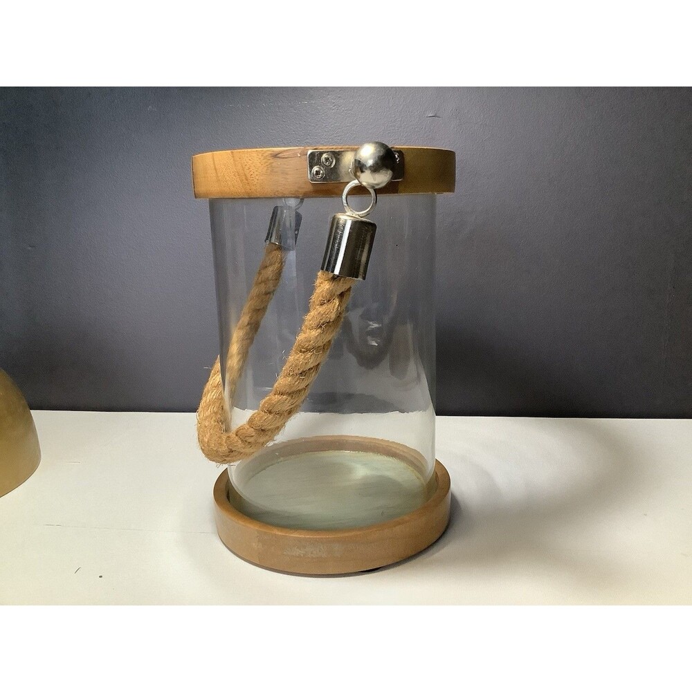 Nautical Coastal Beach Candle Holder Hurricane Jute Rope Handle Silver Accents - Picture 2 of 8